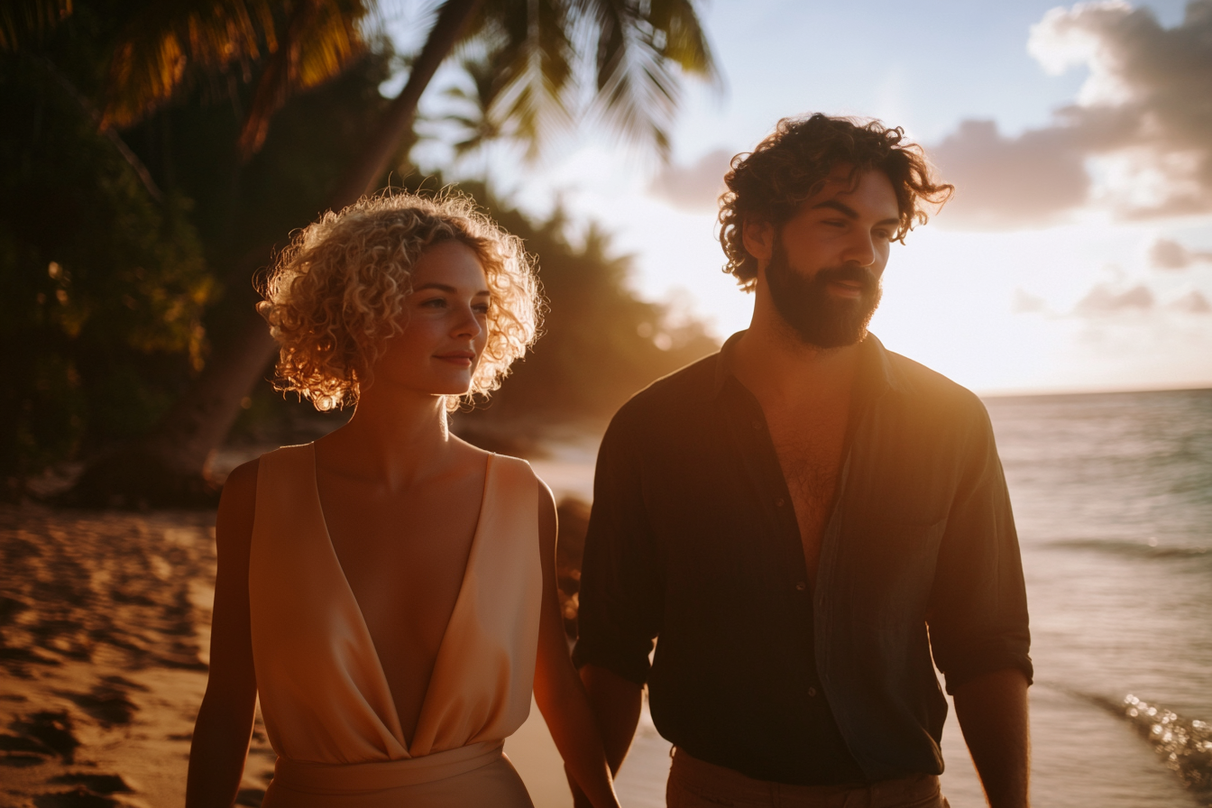 A couple strolling peacefully on an island beach | Source: Midjourney