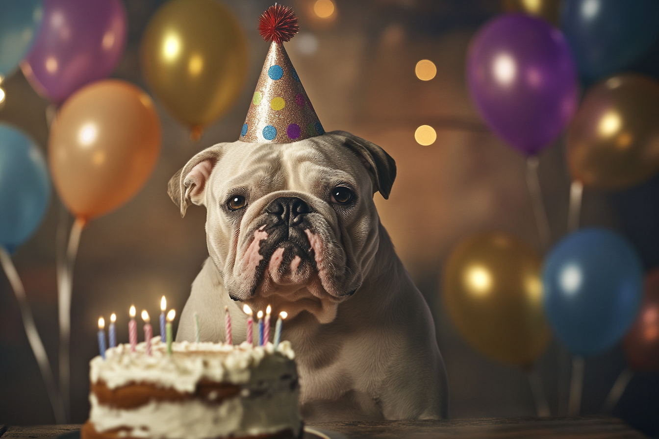 Un bulldog portant un chapeau de fête assis près d'un gâteau d'anniversaire | Source : Midjourney