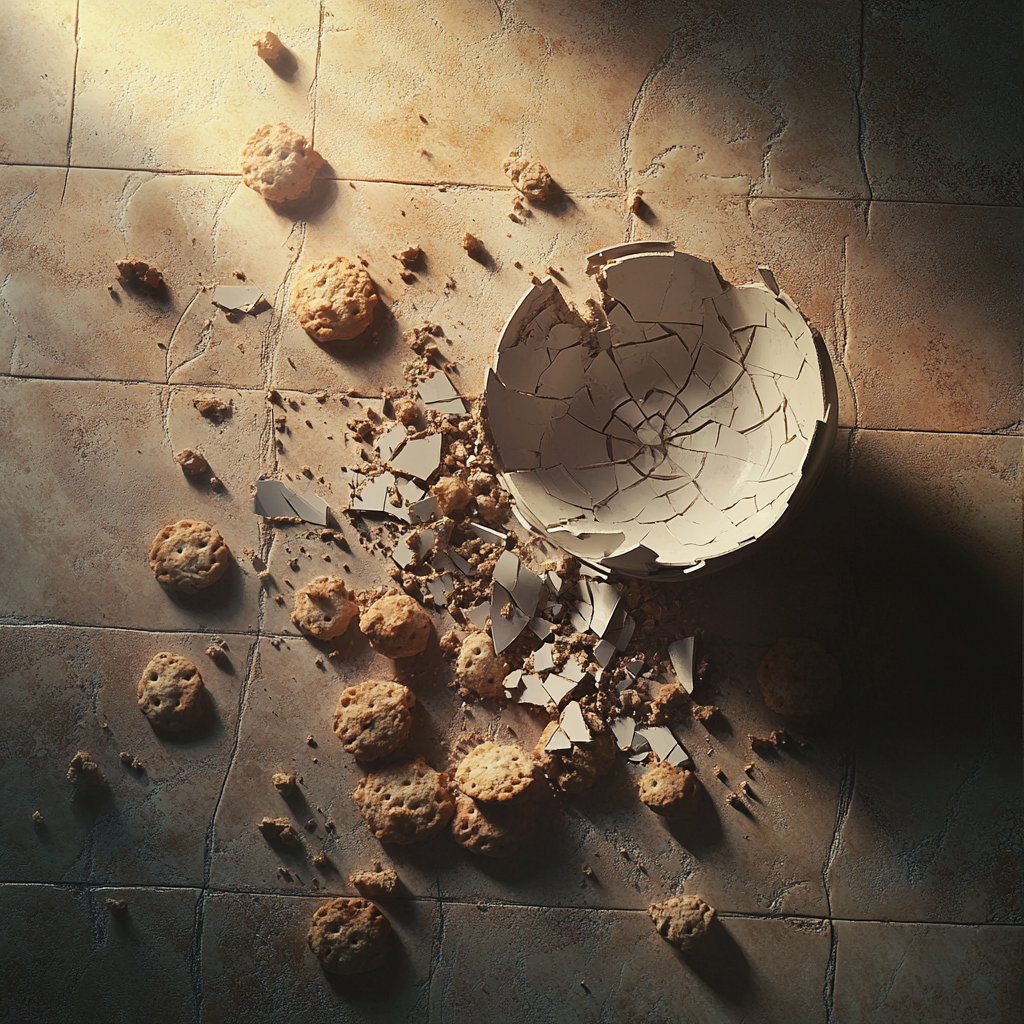 Un bol de biscuits en céramique cassé gisant sur le sol | Source : Midjourney