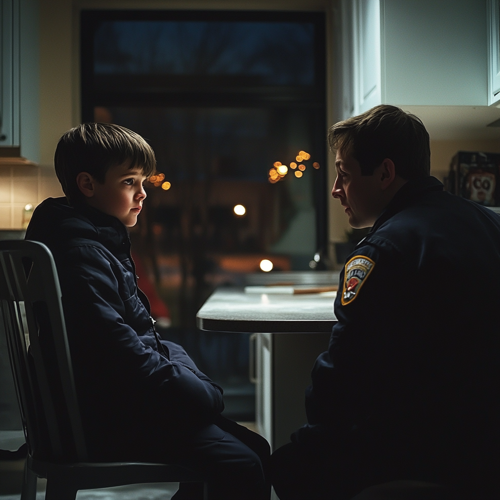 A boy talking to a police officer in the kitchen | Source: Midjourney