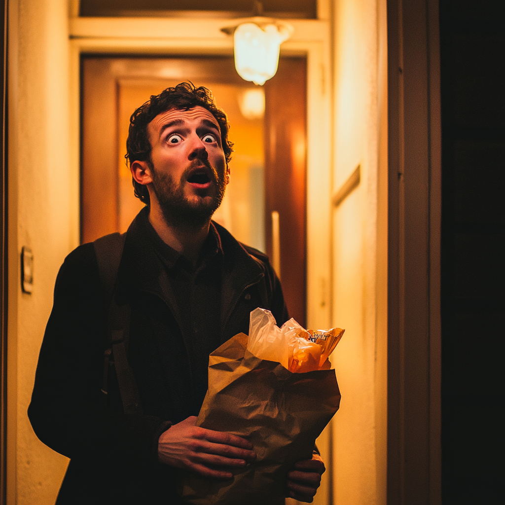 Un homme choqué avec des sacs de plats à emporter | Source : Midjourney