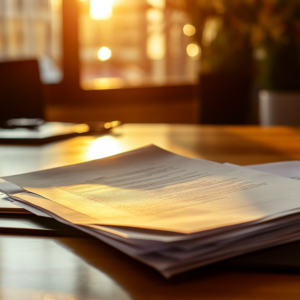 Une pile de documents sur une table | Source : Midjourney