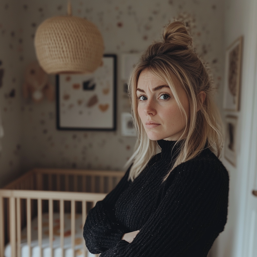 Une femme inquiète debout dans une crèche | Source : Midjourney