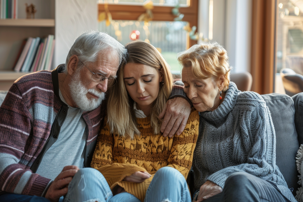 Un couple âgé réconforte sa petite-fille adulte | Source : MidJourney