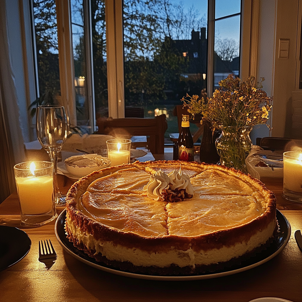 Un gâteau au fromage sur une table de dîner | Source : Midjourney