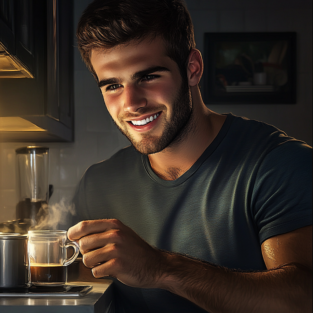 Un homme joyeux qui fait du café | Source : Midjourney