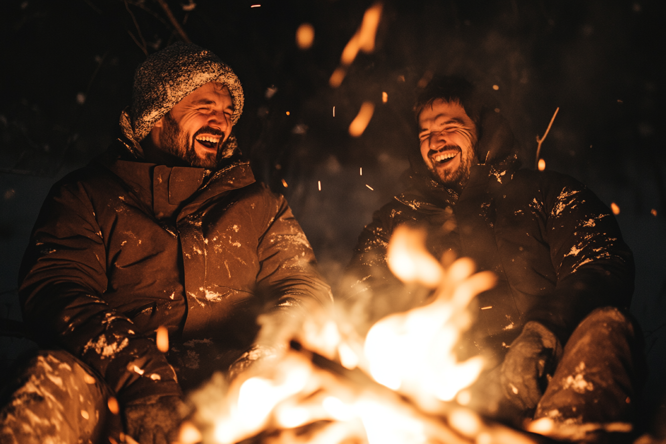 Deux hommes riant ensemble près d'un feu | Source : Midjourney