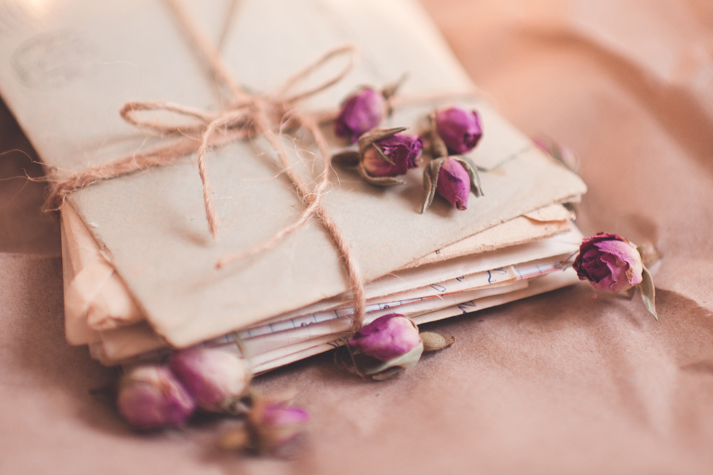 Une pile de lettres en papier et des fleurs sèches | Source : Shutterstock