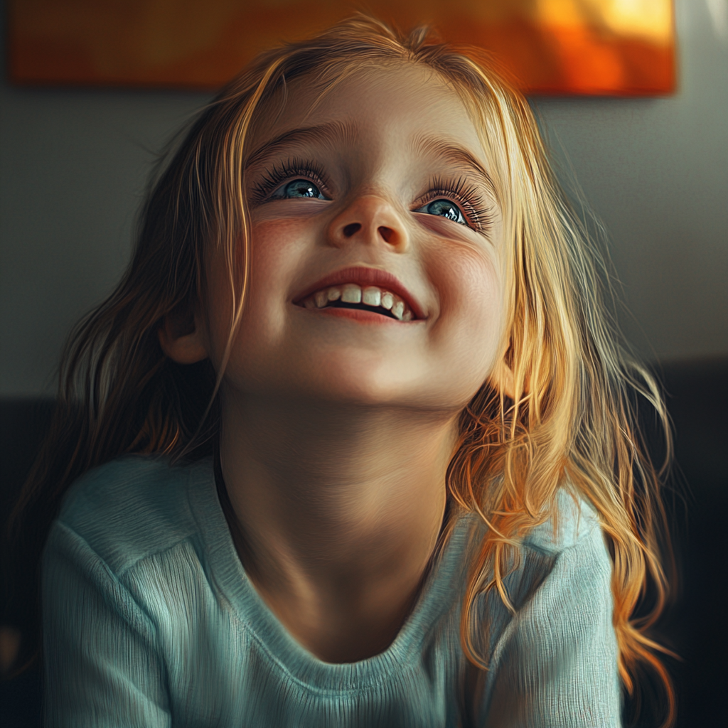 Une petite fille joyeuse qui regarde en l'air et sourit | Source : Midjourney