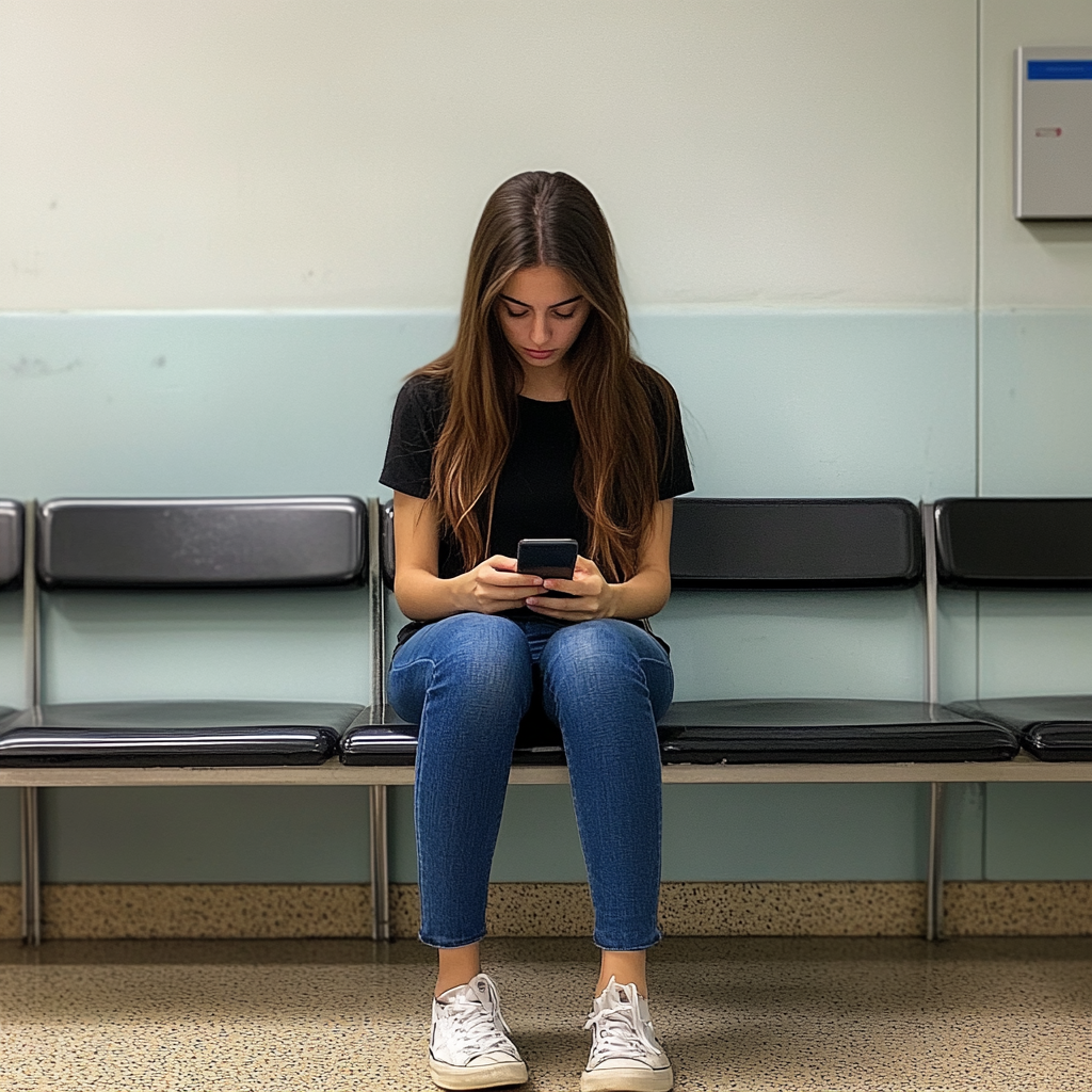 Une femme assise dans une salle d'attente et tapant sur son téléphone | Source : Midjourney