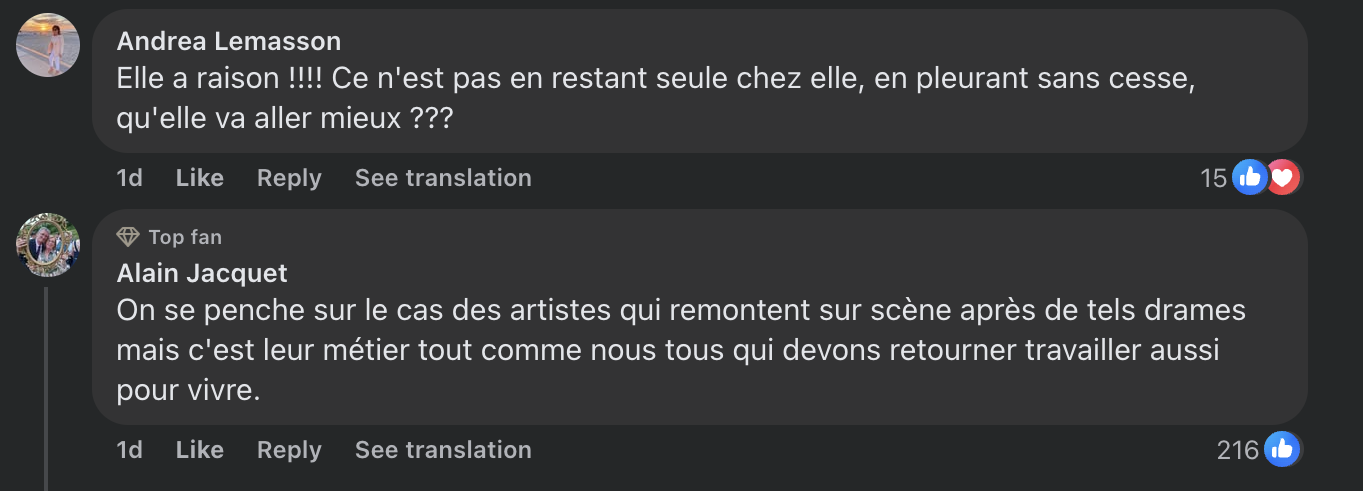 Commentaires d'internautes sur le retour de Lio sur scène | Source : capture Facebook