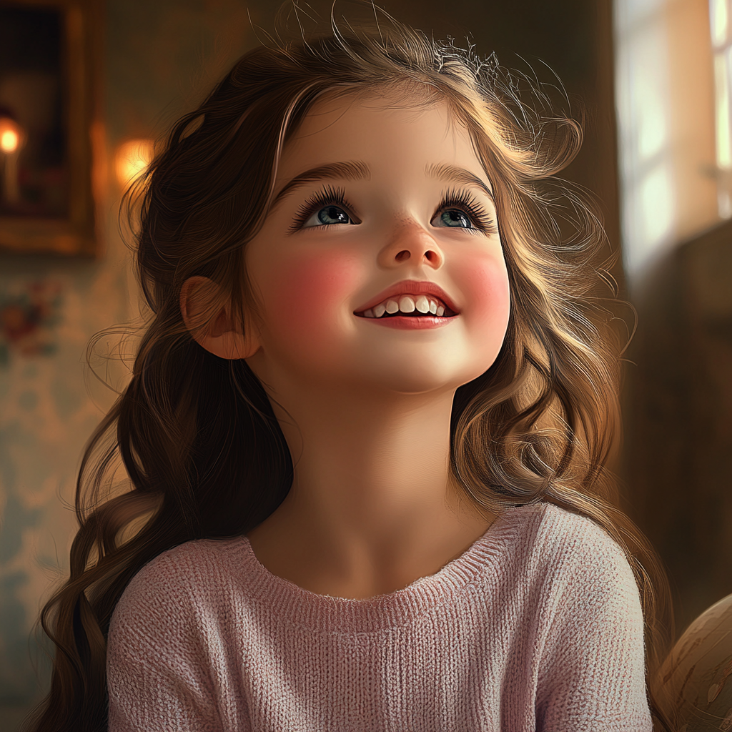 Une petite fille joyeuse qui regarde en l'air et sourit | Source : Midjourney