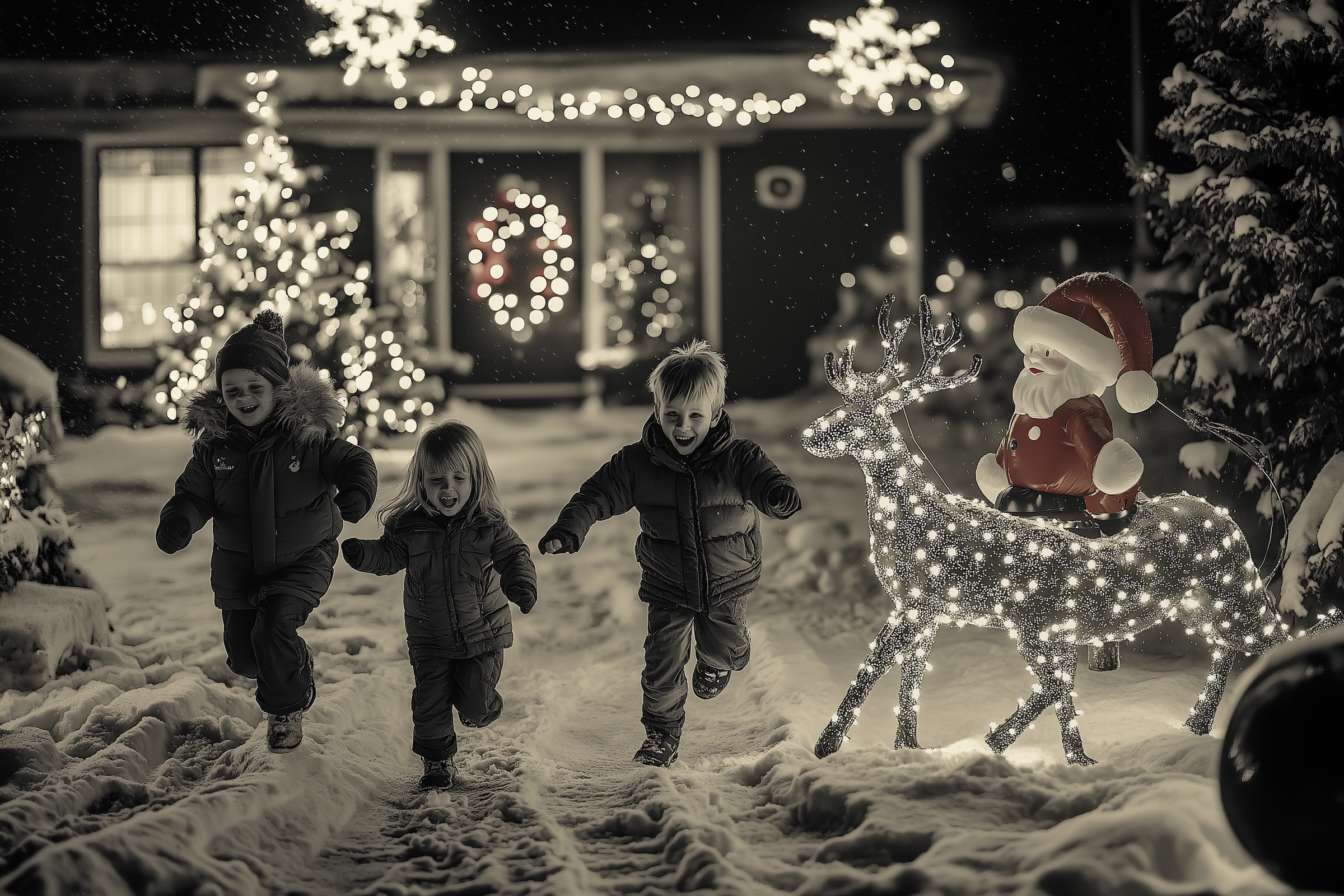 Trois enfants courant dans une cour enneigée avec des décorations de Noël | Source : Midjourney