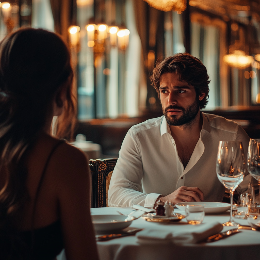 Homme à l'expression confuse pendant le dîner | Source : Midjourney