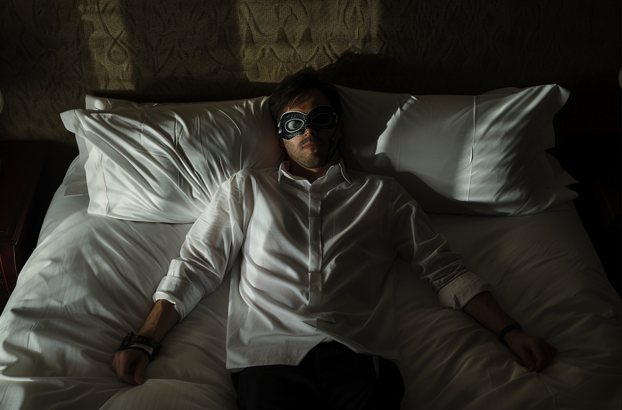 Un homme portant un masque de sommeil alors qu'il est allongé sur un lit | Source : MidJourney