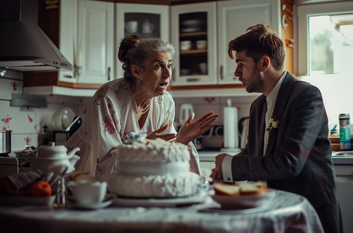 Un homme se disputant avec sa mère dans une cuisine | Source : Midjourney