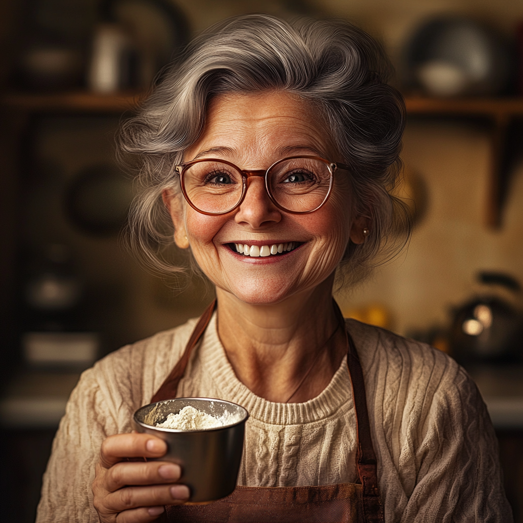 Une dame âgée souriante tenant une tasse de farine | Source : Midjourney