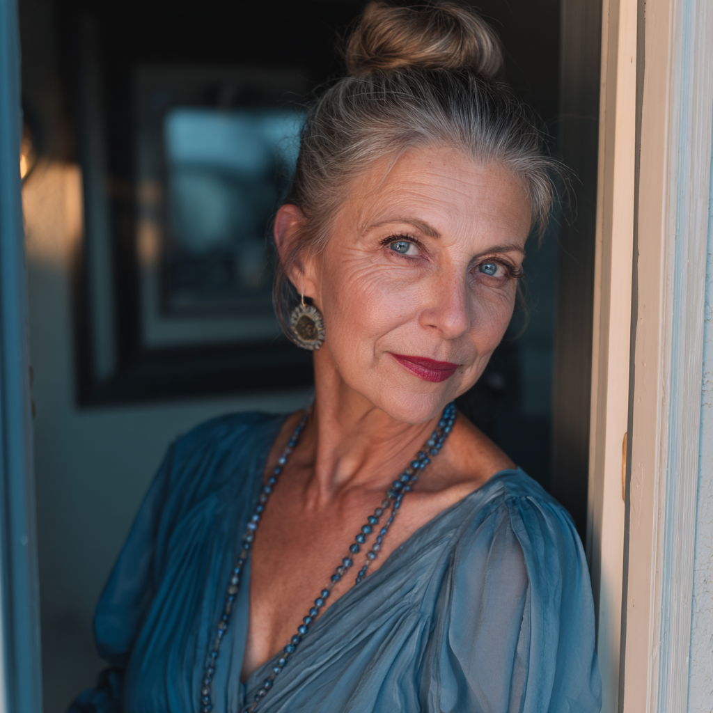 Une femme âgée et suffisante devant sa porte d'entrée | Source : Midjourney
