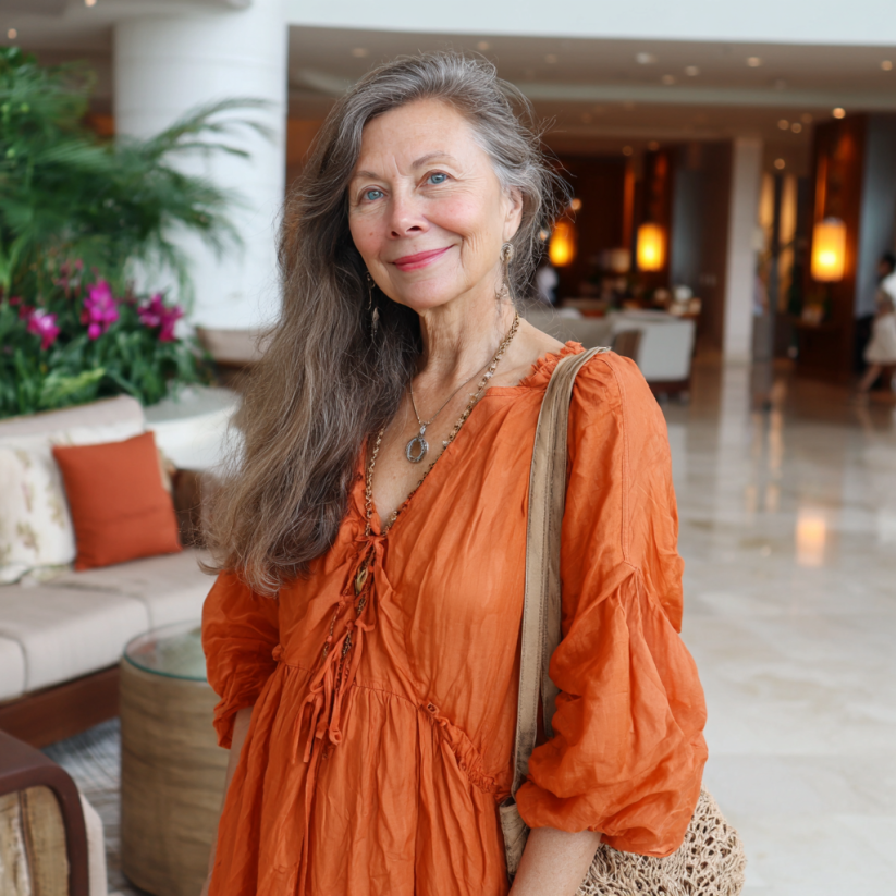 Une femme plus âgée portant une robe orange fluide | Source : Midjourney