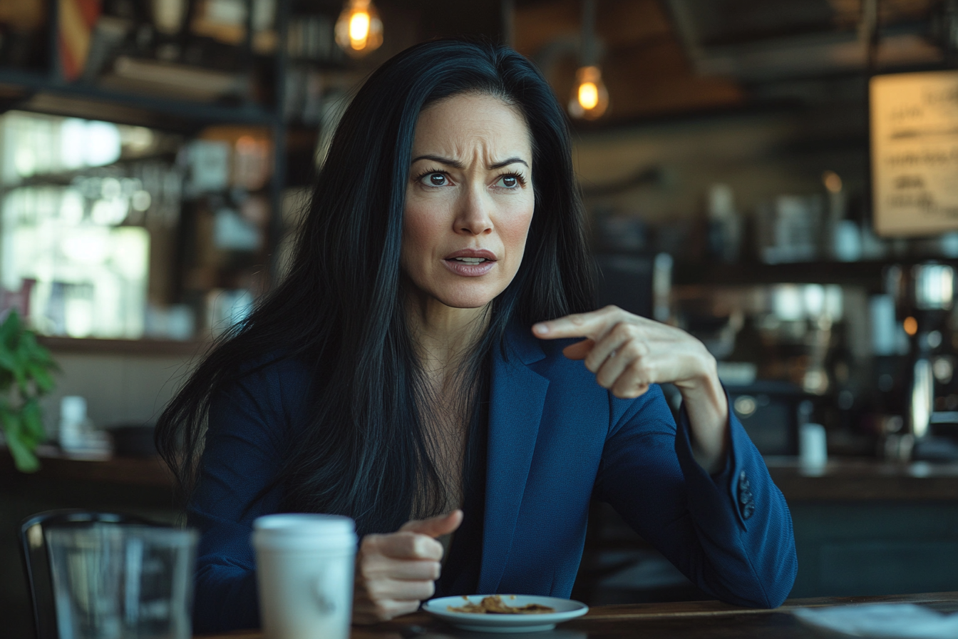 Une femme dans un café, l'air contrarié et montrant quelque chose sur le côté | Source : Midjourney