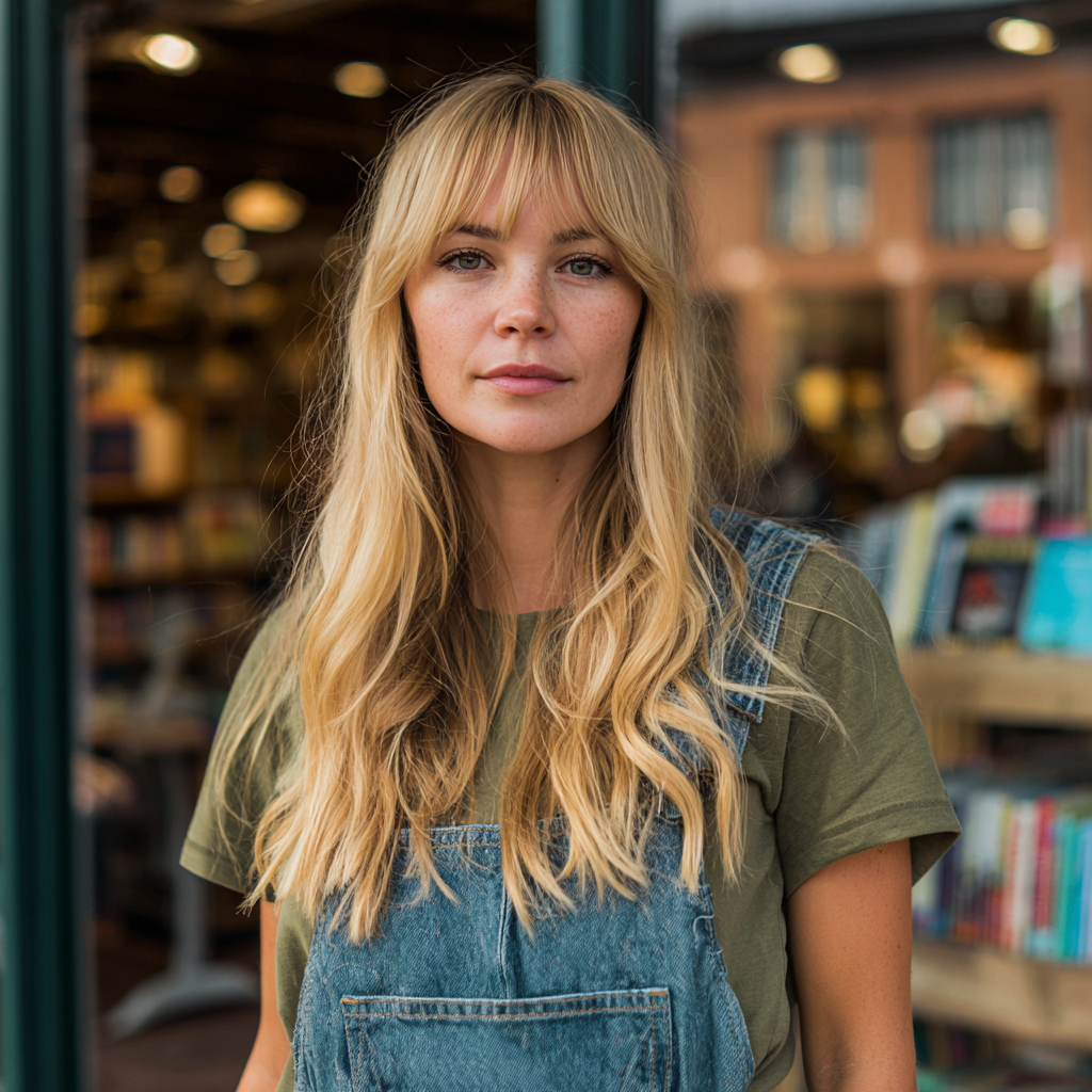 Une femme debout devant une librairie portant une salopette | Source : Midjourney