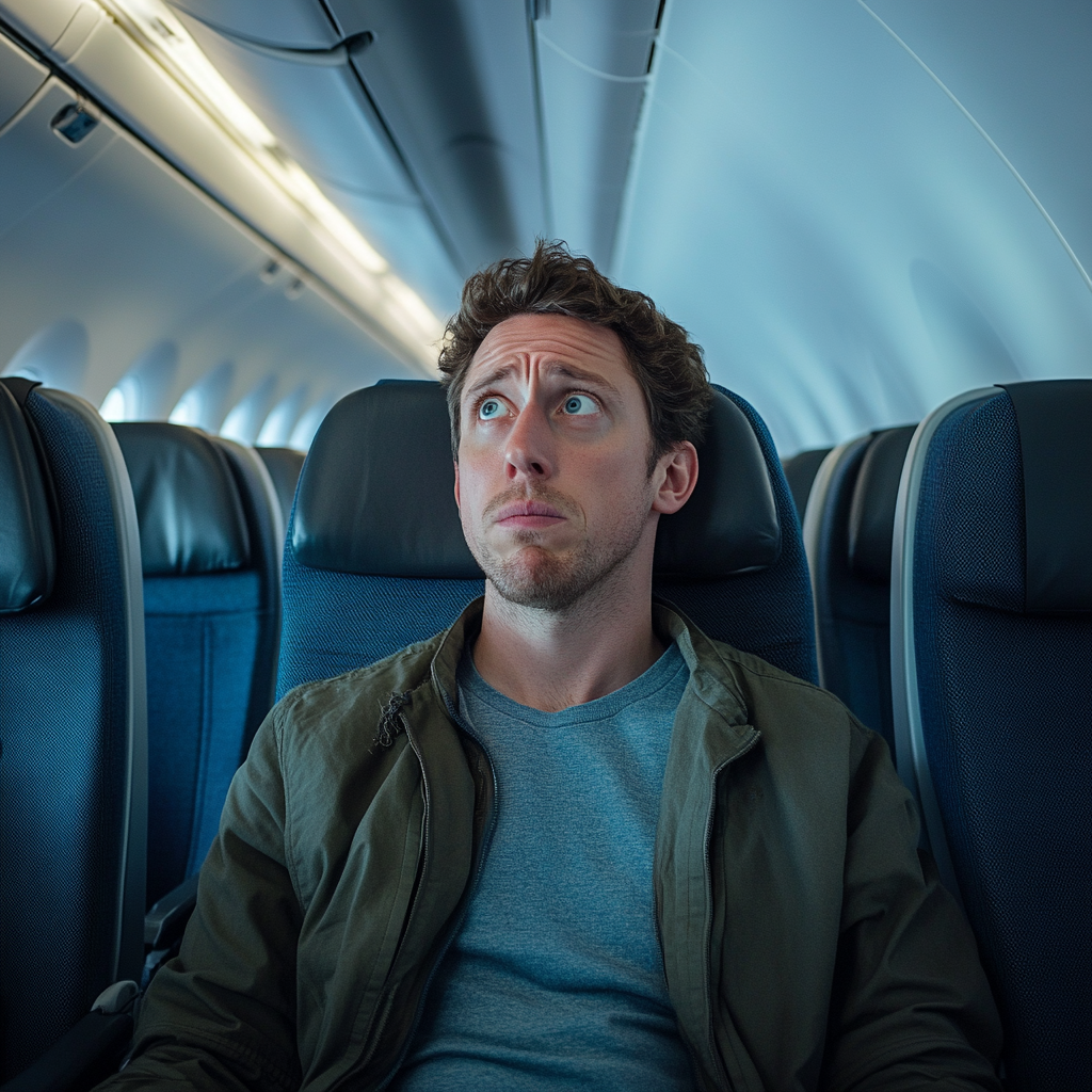 Un homme à l'air inquiet dans un avion | Source : Midjourney