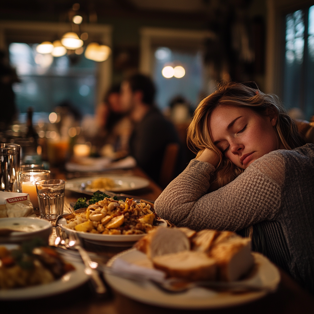 Une femme s'affaisse sur son siège pendant le dîner | Source : Midjourney