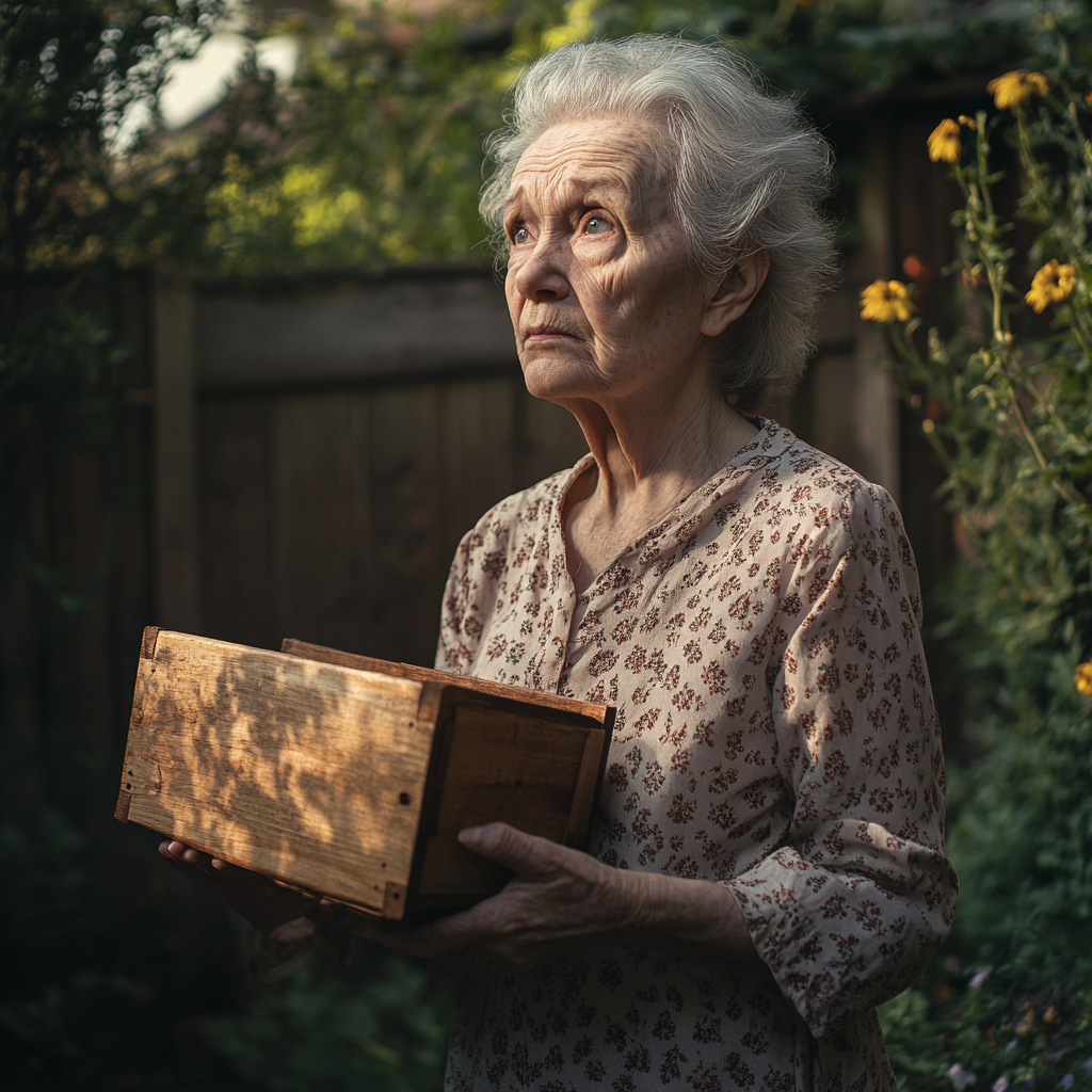 Une femme âgée tenant une boîte en bois | Source : Midjourney