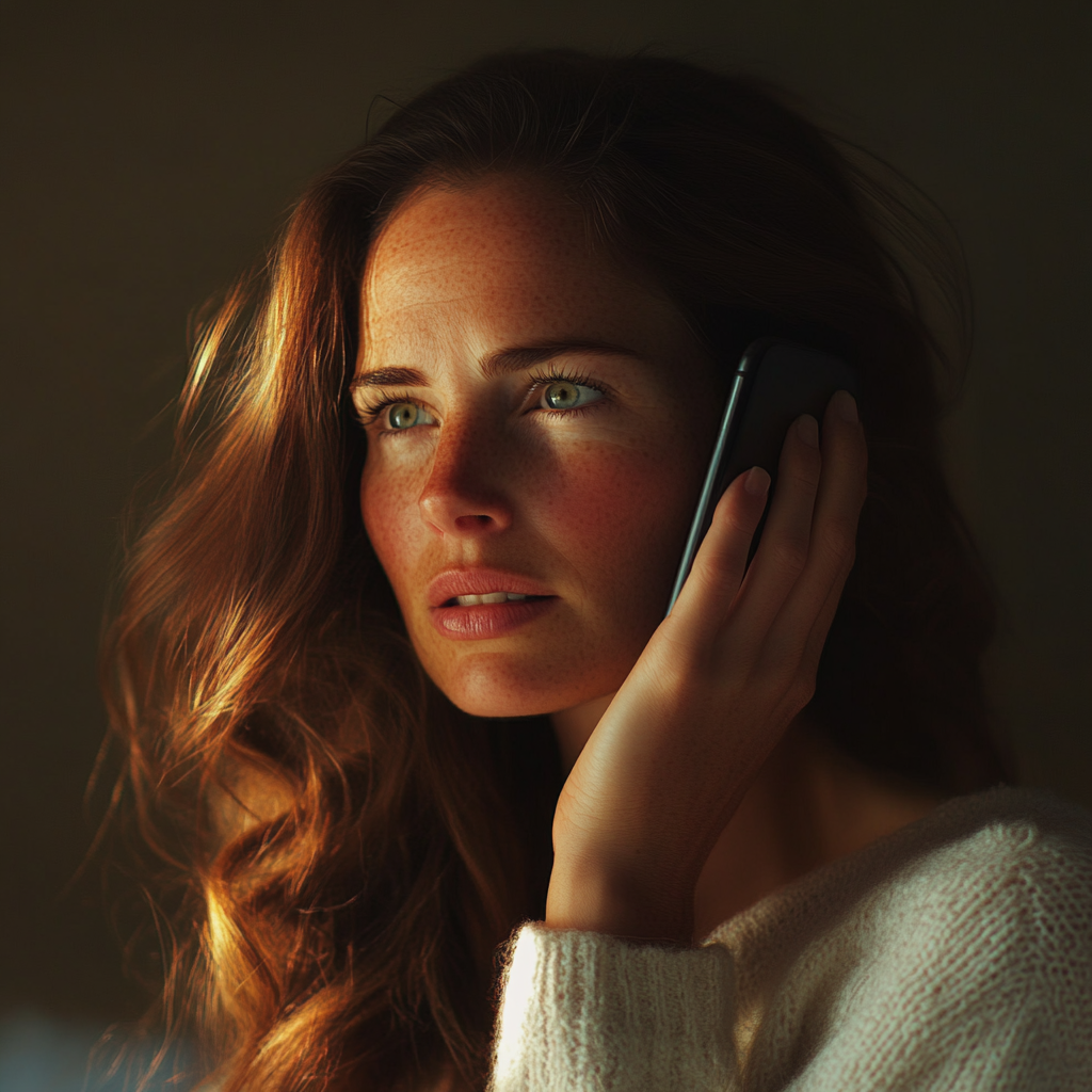 Une femme triste qui parle au téléphone | Source : Midjourney