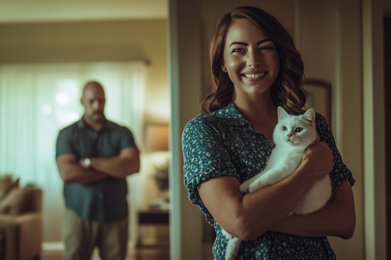 A woman smiles and holds a white cat while a man stands in the background with his arms crossed | Source: Midjourney