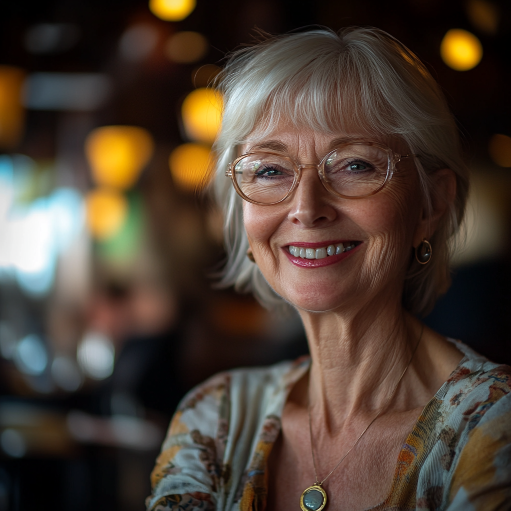 Une femme âgée sourit doucement alors qu'elle est assise dans un restaurant haut de gamme | Source : Midjourney