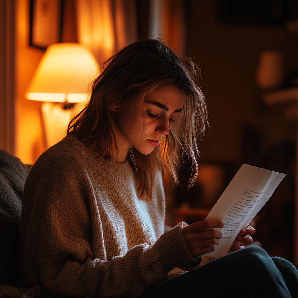 Une femme inquiète lisant une lettre | Source : Midjourney