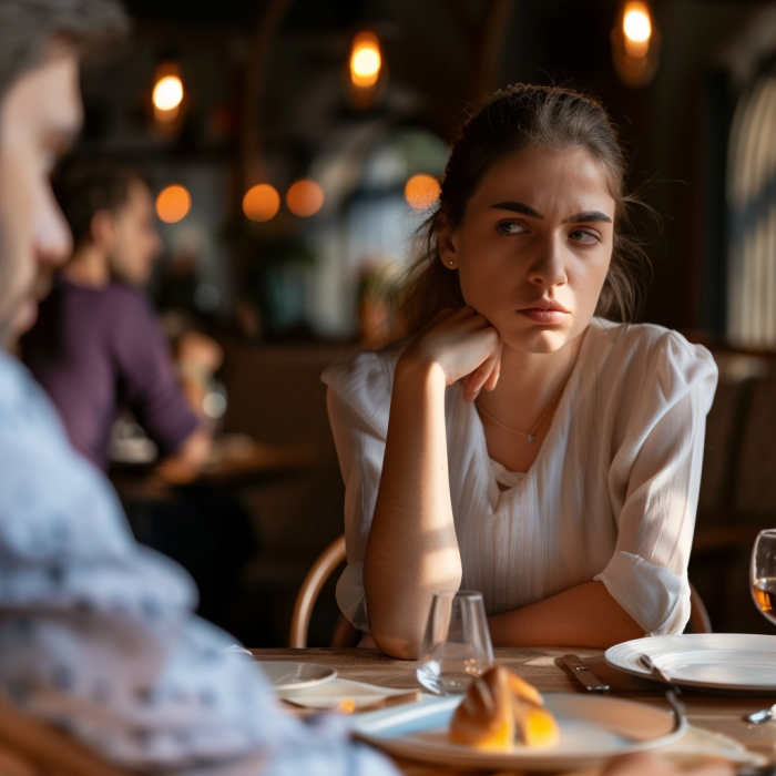 Une femme est en colère contre son petit ami pendant leur rendez-vous au restaurant | Source : Midjourney