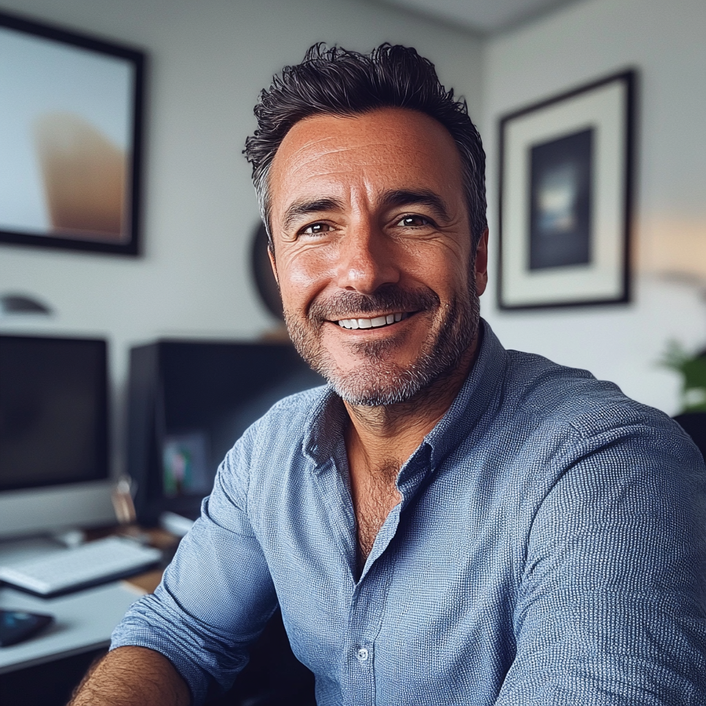 Un homme souriant assis dans son bureau | Source : Midjourney