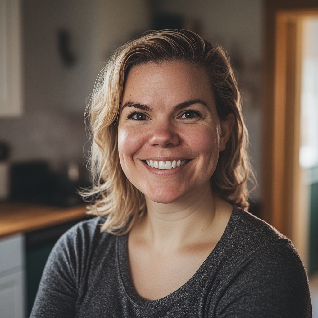 Une femme sourit largement alors qu'elle se tient dans une cuisine | Source : Midjourney