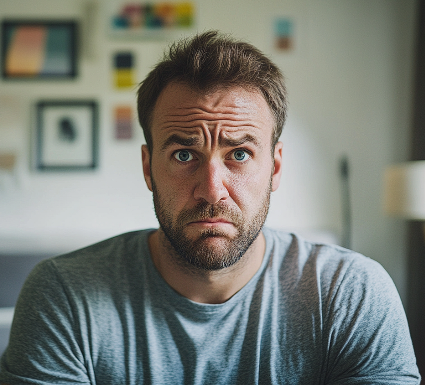 An emotional man standing in a living room | Source: Midjourney