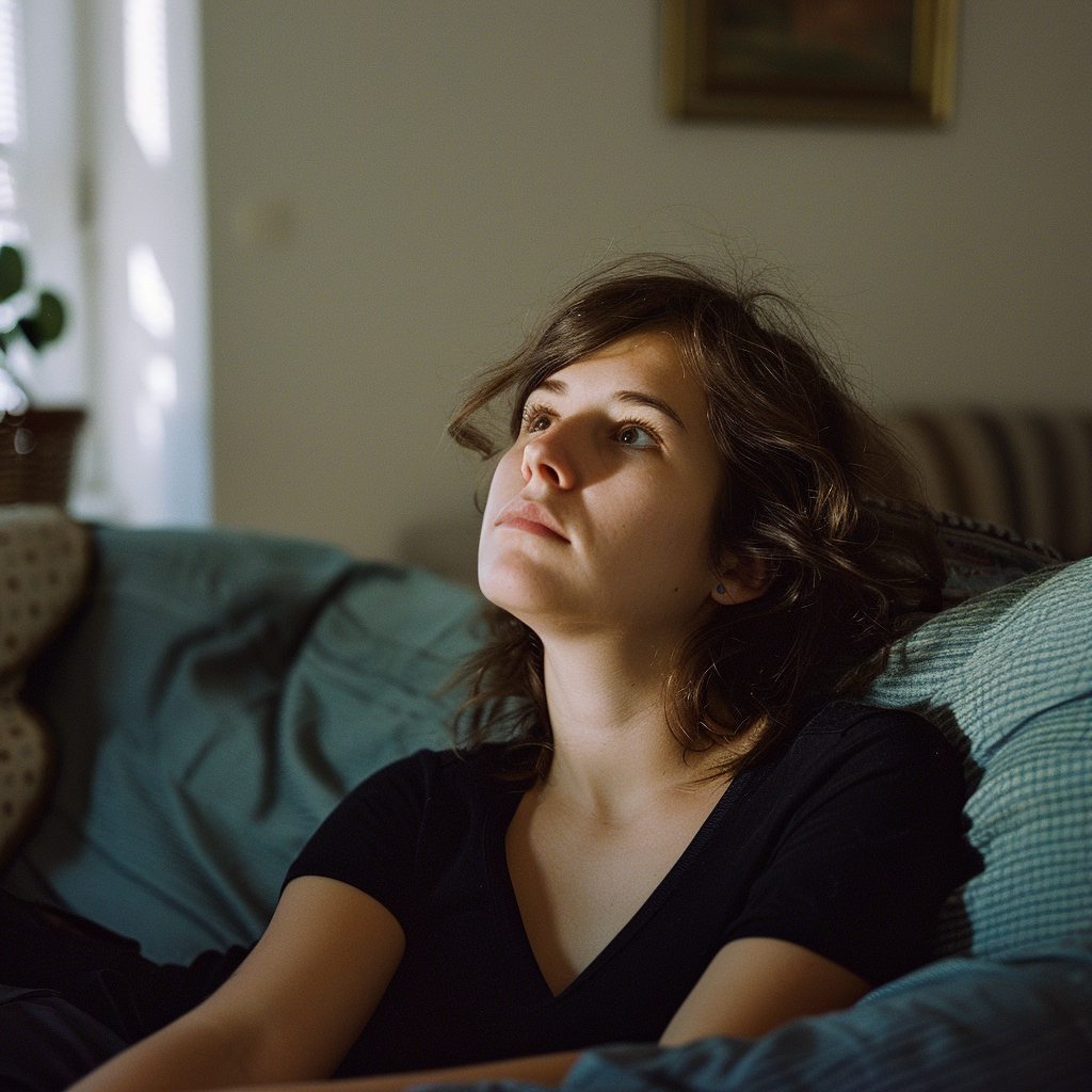 Une femme pensive assise seule sur le canapé | Source : Midjourney