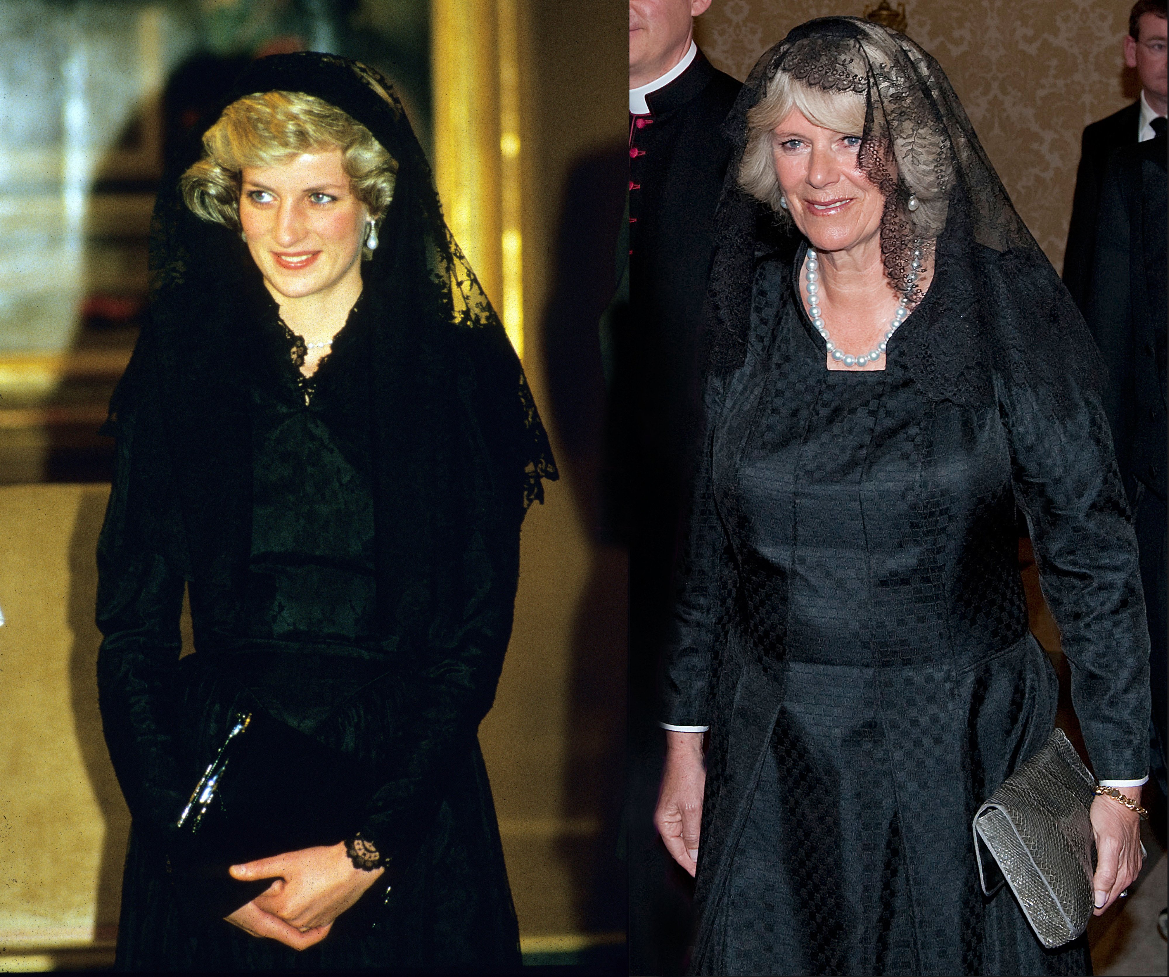 Comparaison d'images entre la princesse Diana à son arrivée au Vatican en avril 1985 et Camilla, duchesse de Cornouailles rencontrant le pape Benoît XVI à la basilique Saint-Pierre le 27 avril 2009 dans la Cité du Vatican, le Vatican | Source : Getty Images