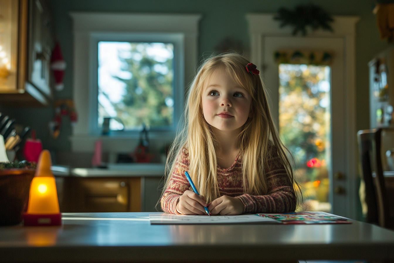 Petite fille blonde en train de colorier sur un îlot de cuisine | Source : Midjourney