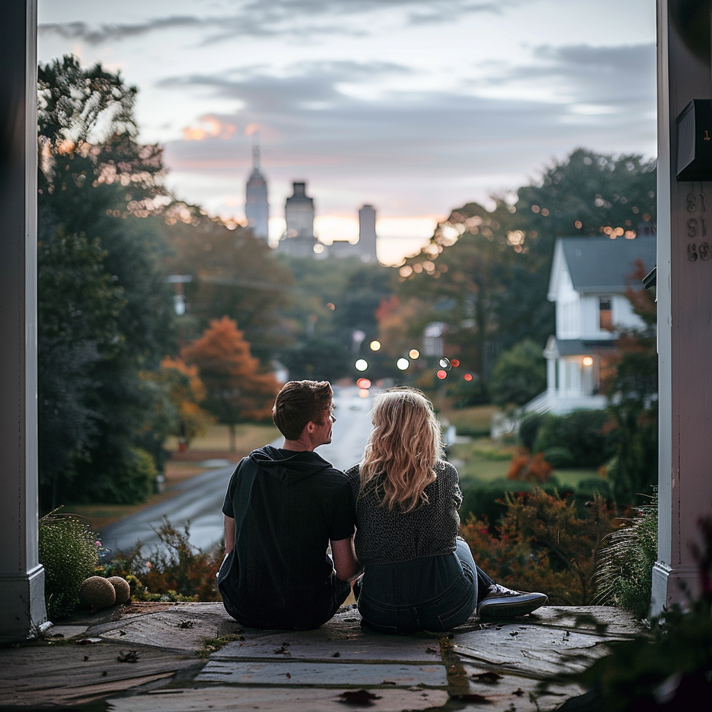 Vue arrière d'un couple assis devant sa maison | Source : Midjourney