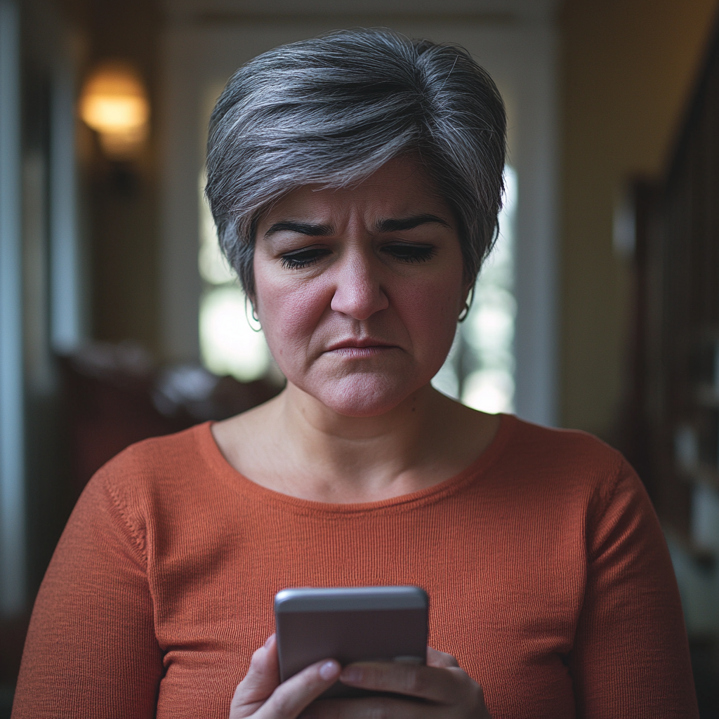 Une femme bouleversée tape quelque chose sur son téléphone | Source : Midjourney