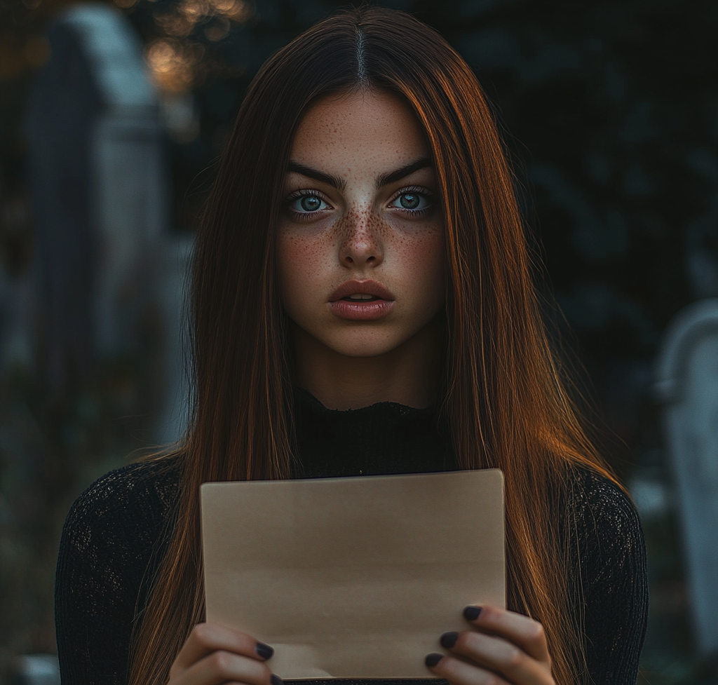 A scared woman holding an envelope in a cemetery | Source: Midjourney