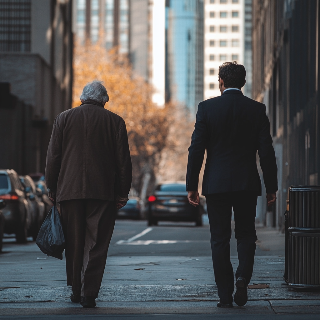 Deux hommes marchant dans la rue | Source : Midjourney