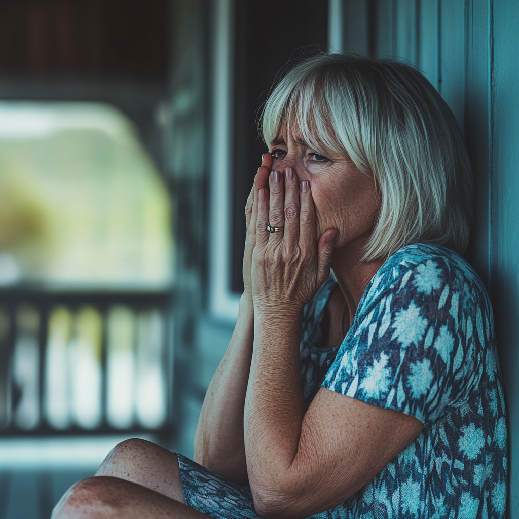 A devastated woman sits on her porch | Source: Midjourney