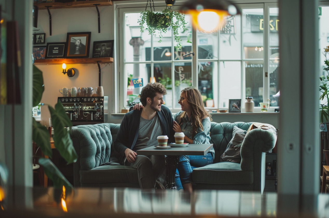 Un couple assis sur un canapé dans un café | Source : Midjourney