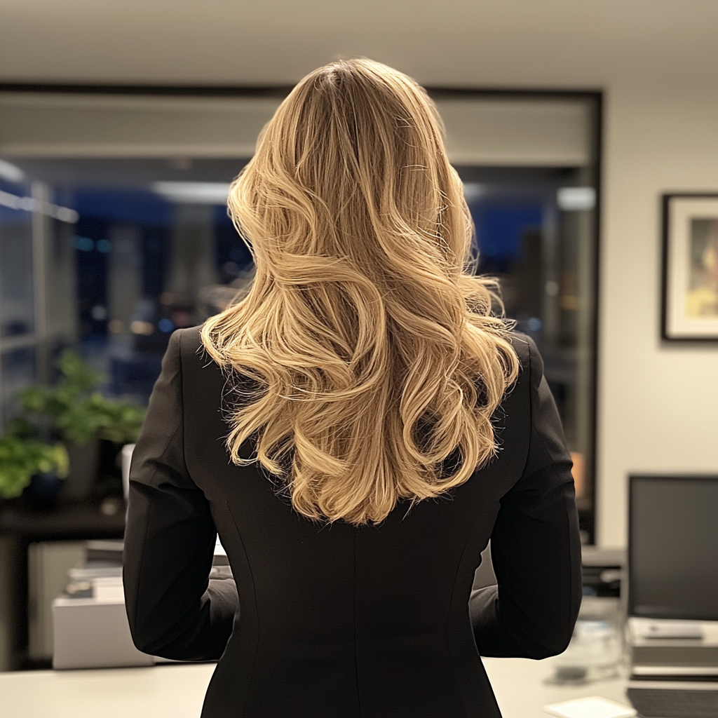 La vue arrière d'une femme dans un bureau | Source : Midjourney