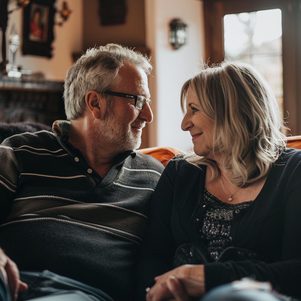 Un couple assis et se regardant fixement | Source : Midjourney