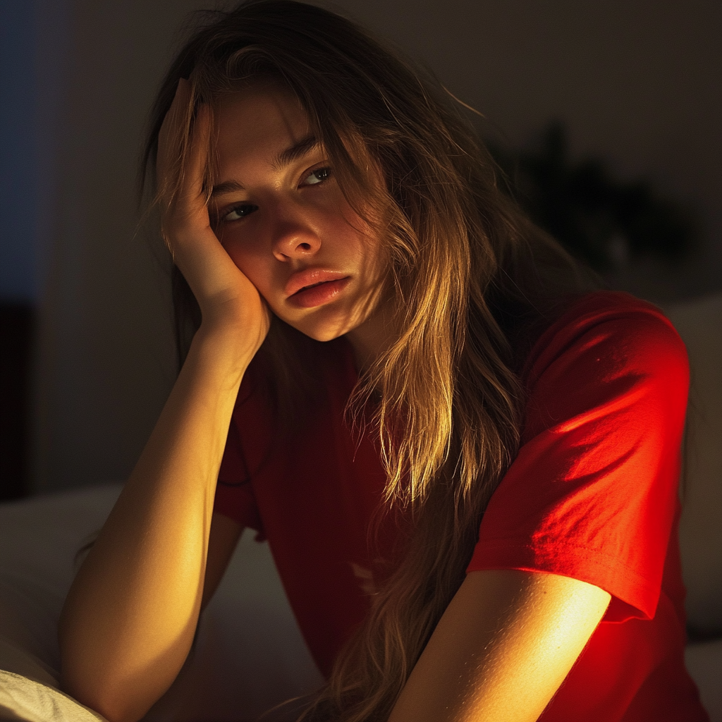 Une jeune femme épuisée assise sur un lit | Source : Midjourney