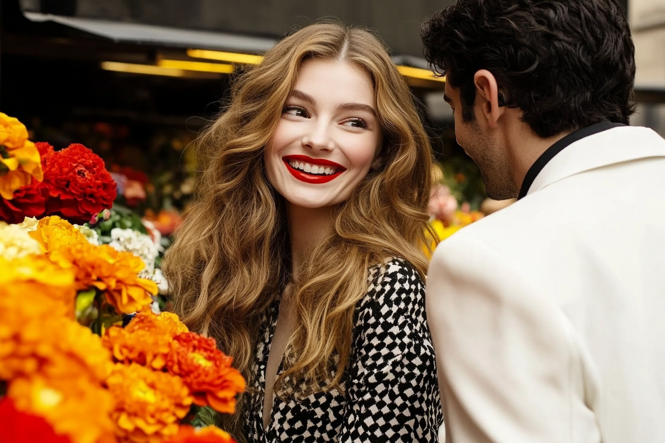 Une femme souriant à un homme sur un marché aux fleurs | Source : Midjourney