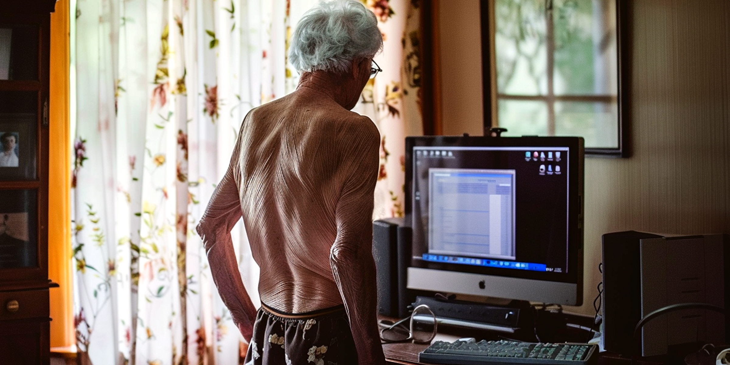 Un homme âgé torse nu debout devant un ordinateur | Source : Midjourney